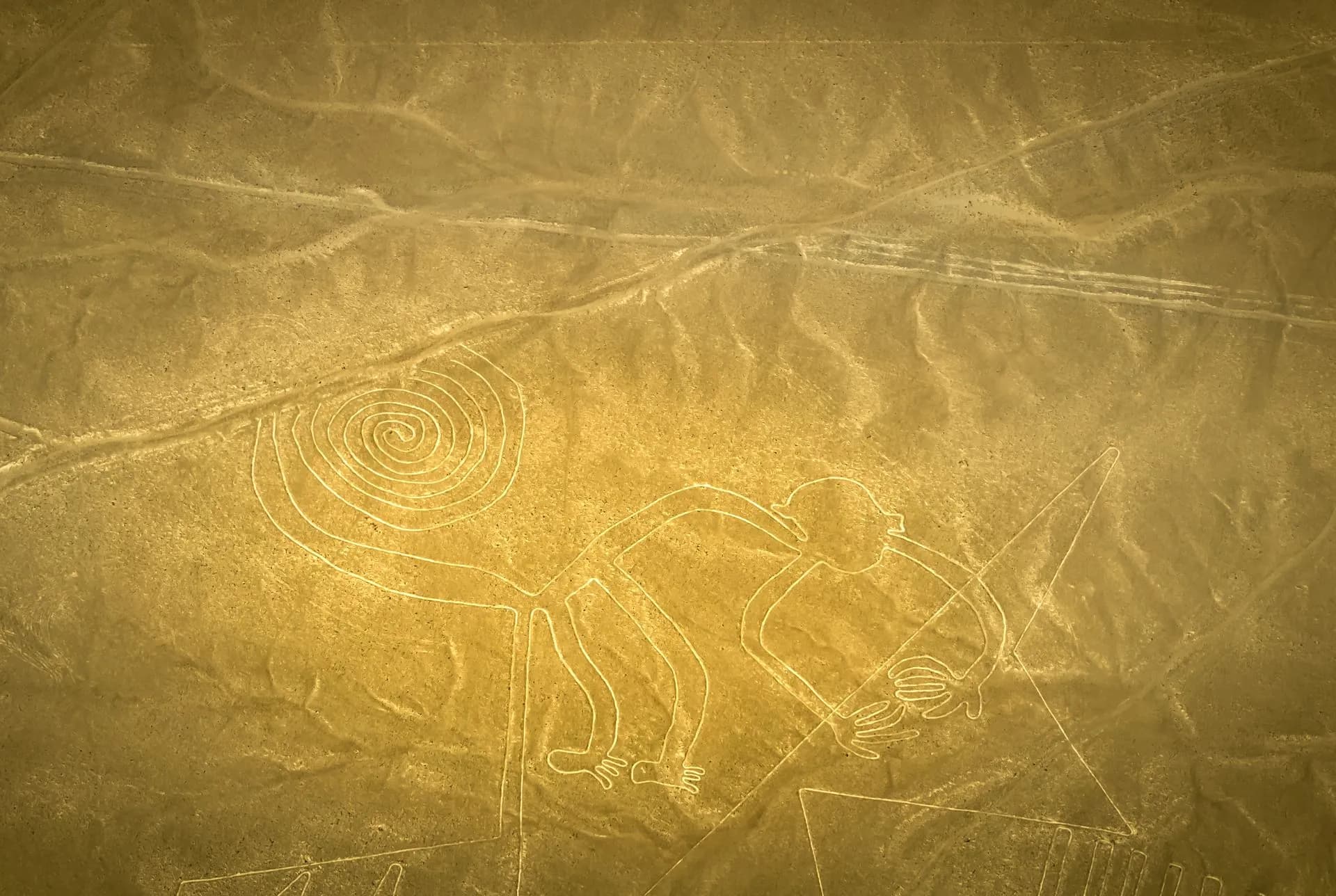 Aerial view of the Nazca Lines hummingbird geoglyph seen from a small plane window over the Peruvian desert