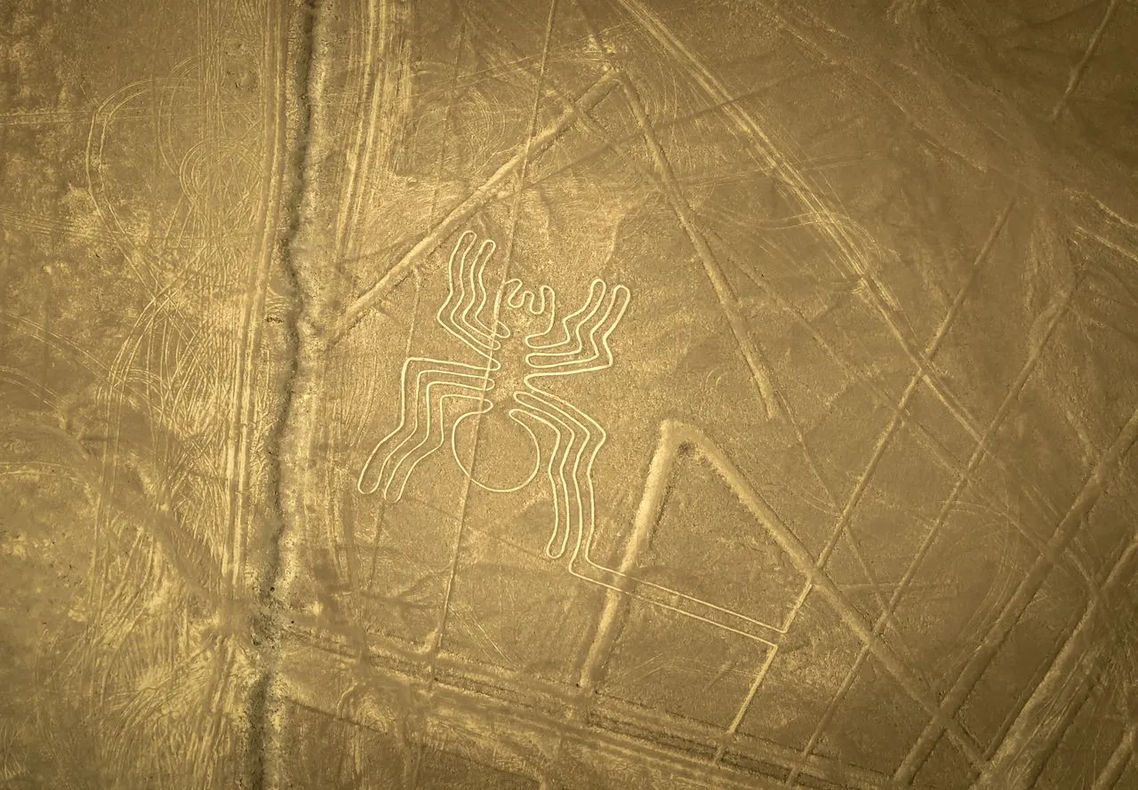 The Nazca Lines spider geoglyph seen from a light aircraft over the Peruvian desert